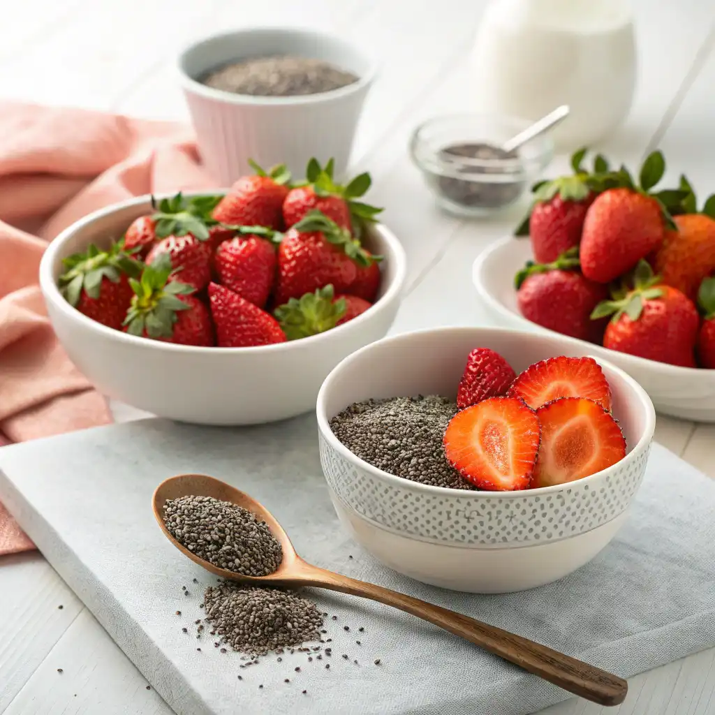 Jar of strawberry chia jam with fresh strawberries and chia seeds