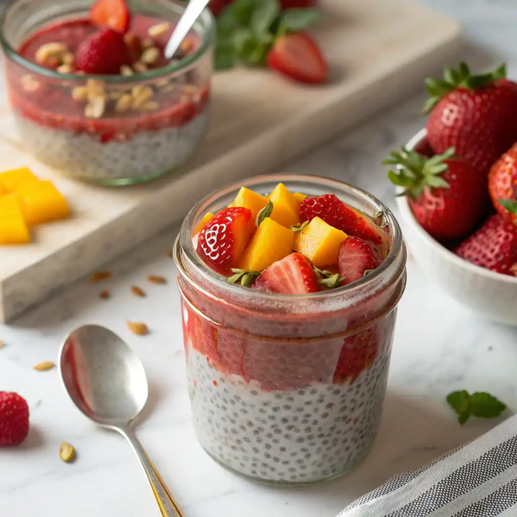 High protein breakfast bowl with yogurt and strawberry chia topping