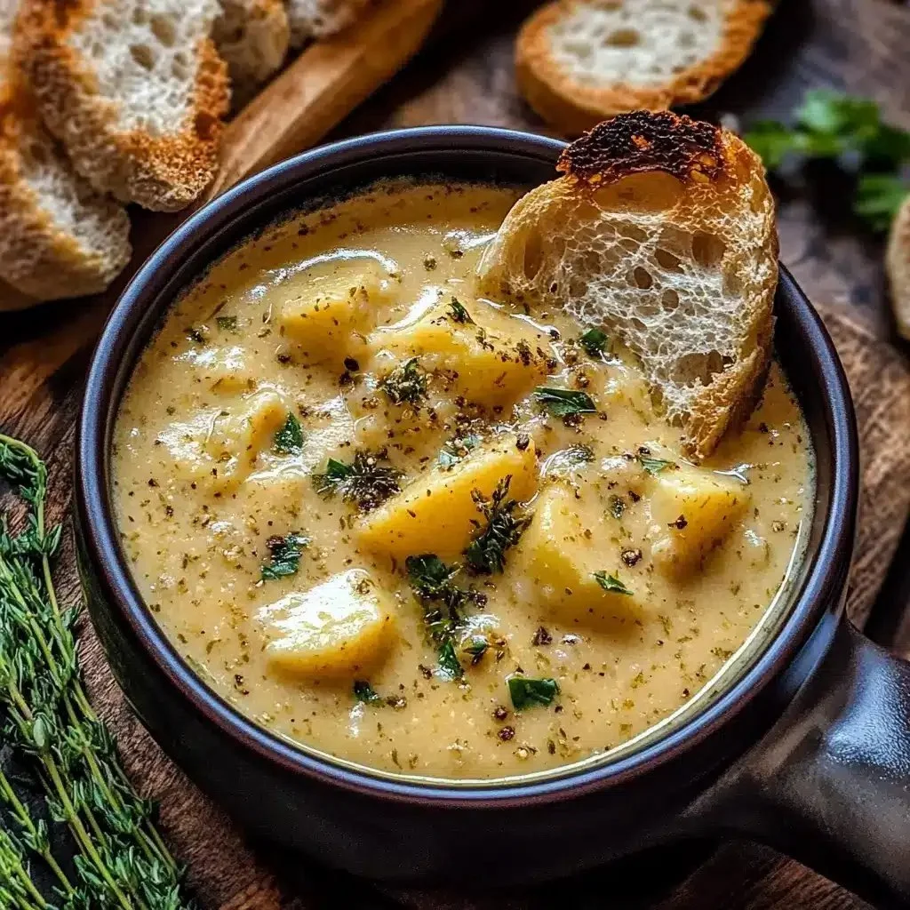 Bowl of hearty cheddar garlic herb potato soup topped with fresh herbs