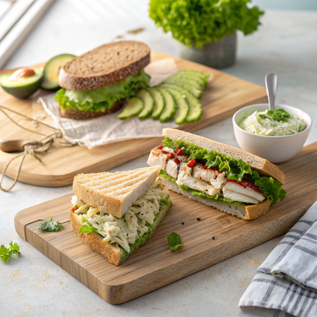 “Assorted high-protein sandwiches on a wooden board, top-down view.”