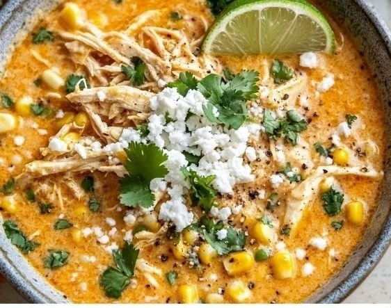 Bowl of creamy Mexican street corn soup topped with cilantro and cheese