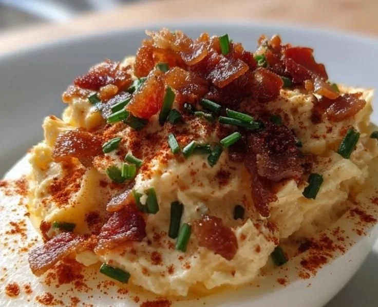 Million Dollar Bacon Deviled Eggs garnished with crispy bacon and herbs.