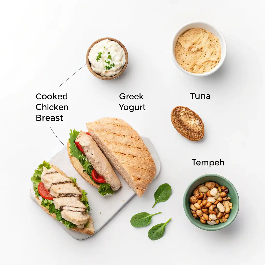 “Infographic High Protein Sandwich protein values for chicken, yogurt, tuna, and tempeh.”