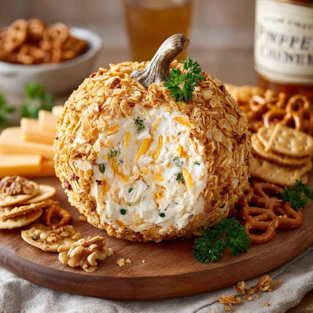 A festive Pumpkin Cheese Ball garnished with herbs and spices, perfect for fall parties.