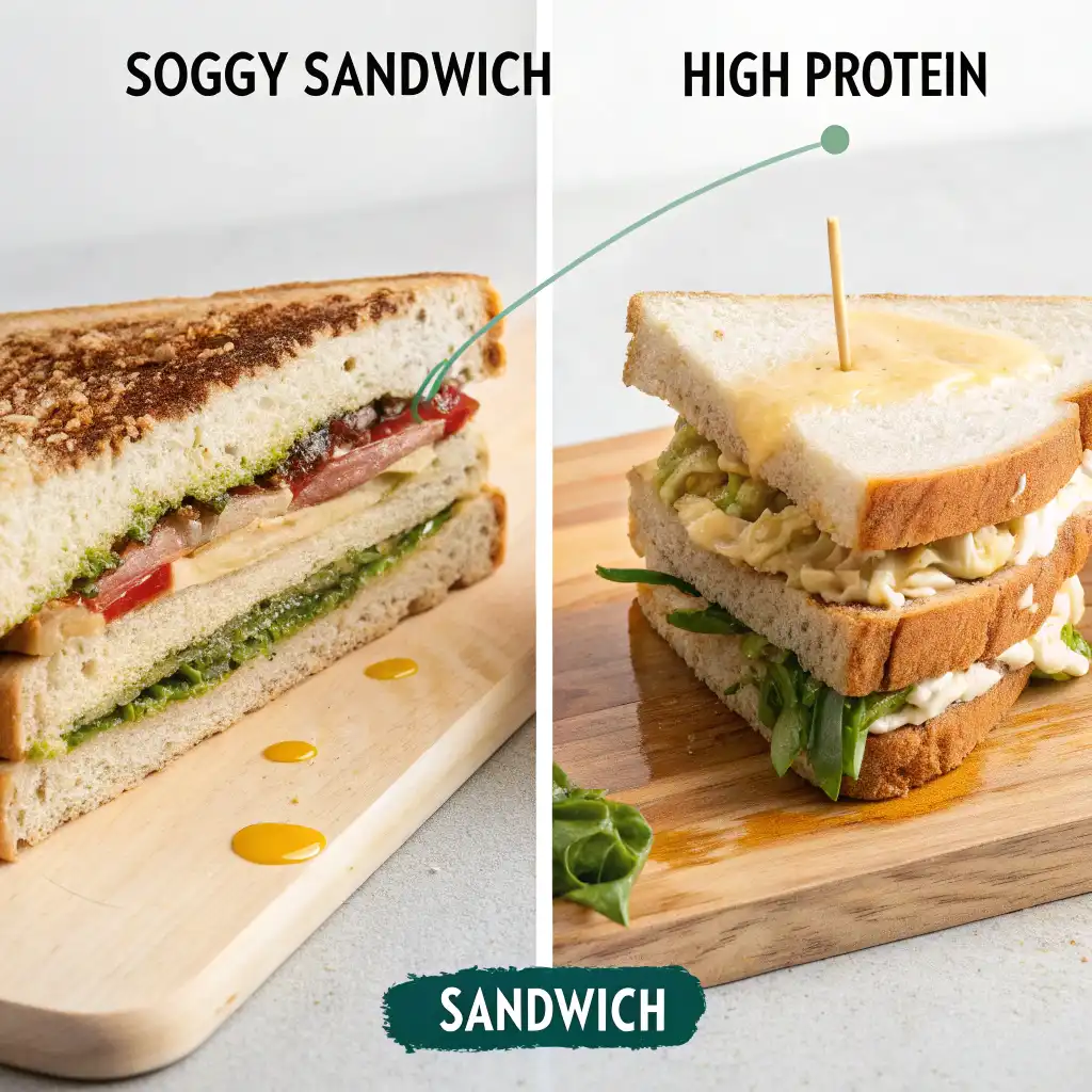 “Comparison of soggy sandwich versus properly layered high-protein sandwich.”