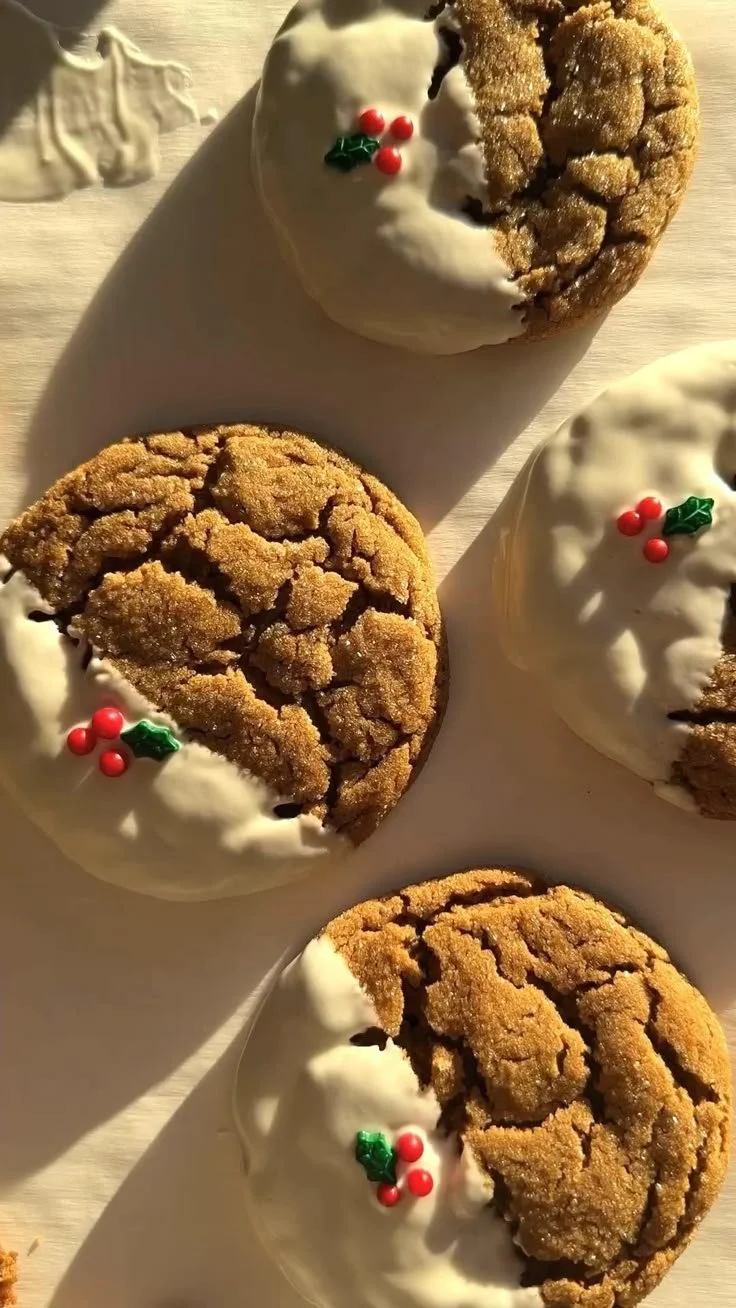 Soft gingerbread cookies decorated with icing on a festive plate