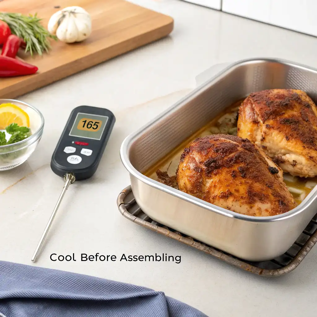 “Cooked chicken cooling with thermometer at 165°F in a pan.”