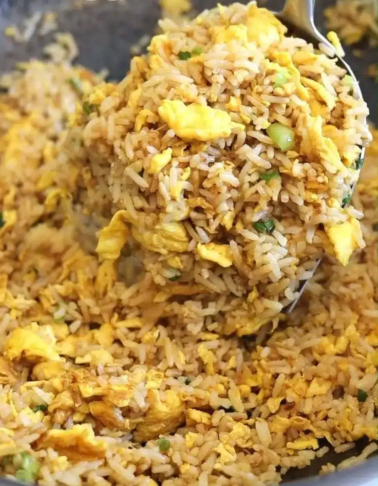 A bowl of quick and easy egg fried rice prepared in 10 minutes.