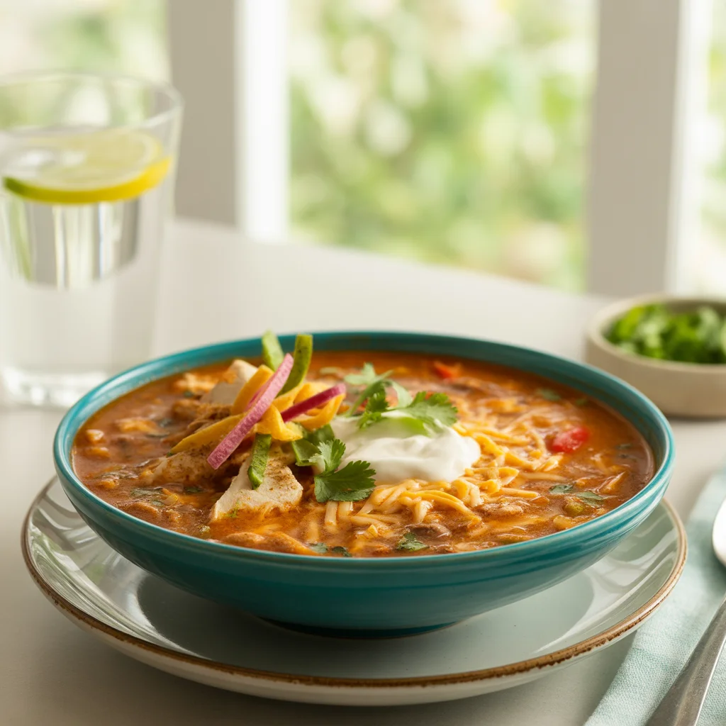Bowl of Chili's chicken enchilada soup.