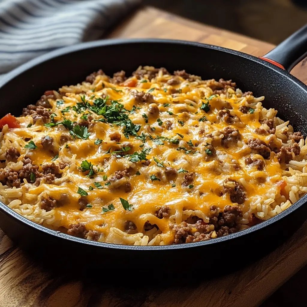 Cheesy Ground Beef and Rice Skillet dish served in a pan