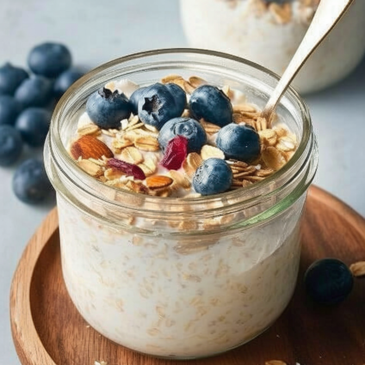 Bowl of high-protein overnight oats with fruits and nuts for a healthy breakfast.
