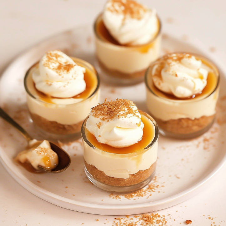 No Bake Salted Caramel Cheesecake Cups topped with caramel drizzle and sea salt.