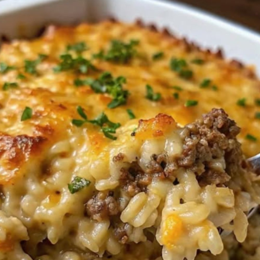 Cheesy ground beef rice casserole baked in a dish, topped with melted cheese