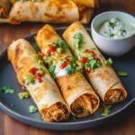 Crispy air fryer chicken taquitos served with salsa and guacamole