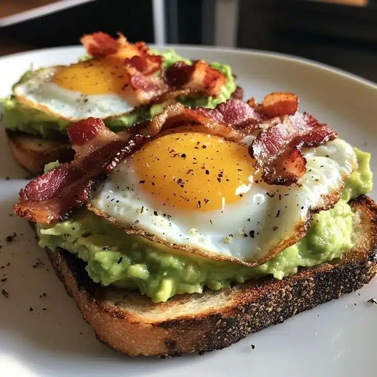 Avocado Bacon and Egg Toast topped with fresh ingredients for a delicious brunch dish