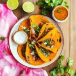 Delicious Beef Birria Tacos served with flavorful broth and fresh toppings