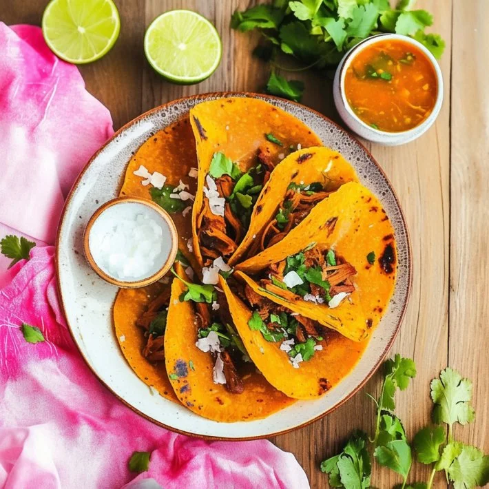 Delicious Beef Birria Tacos served with flavorful broth and fresh toppings