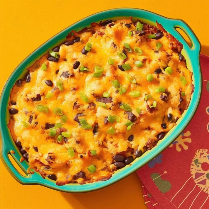 Delicious beef enchilada casserole topped with melted cheese and fresh herbs.