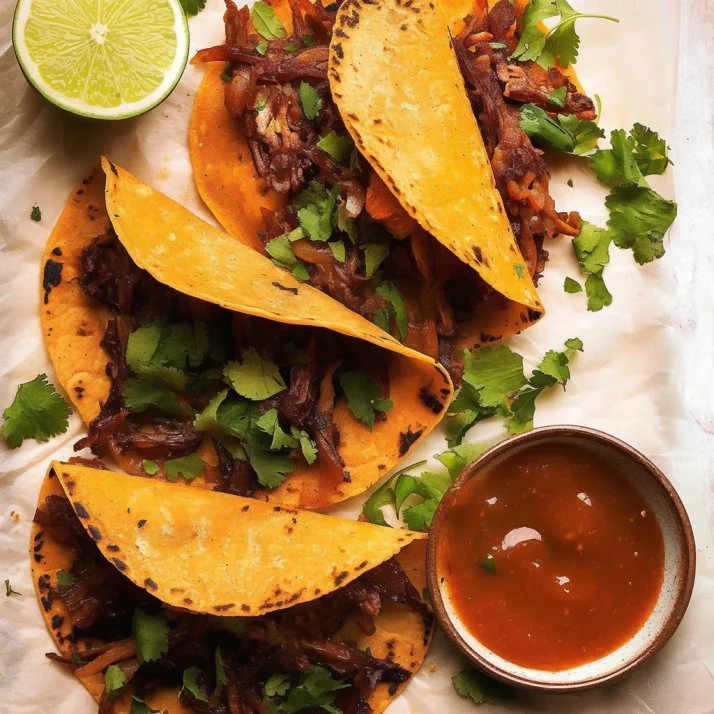 Delicious Birria Tacos served with flavorful consommé and garnished with herbs.