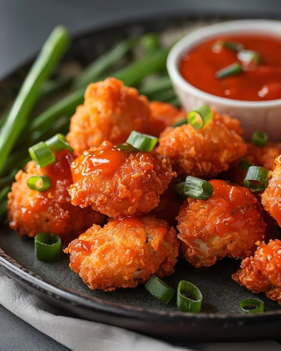 Delicious homemade Buffalo Chicken Bites served with dipping sauce