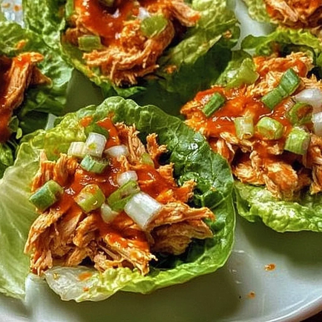 Buffalo Chicken Lettuce Wraps filled with spicy sauce and fresh vegetables