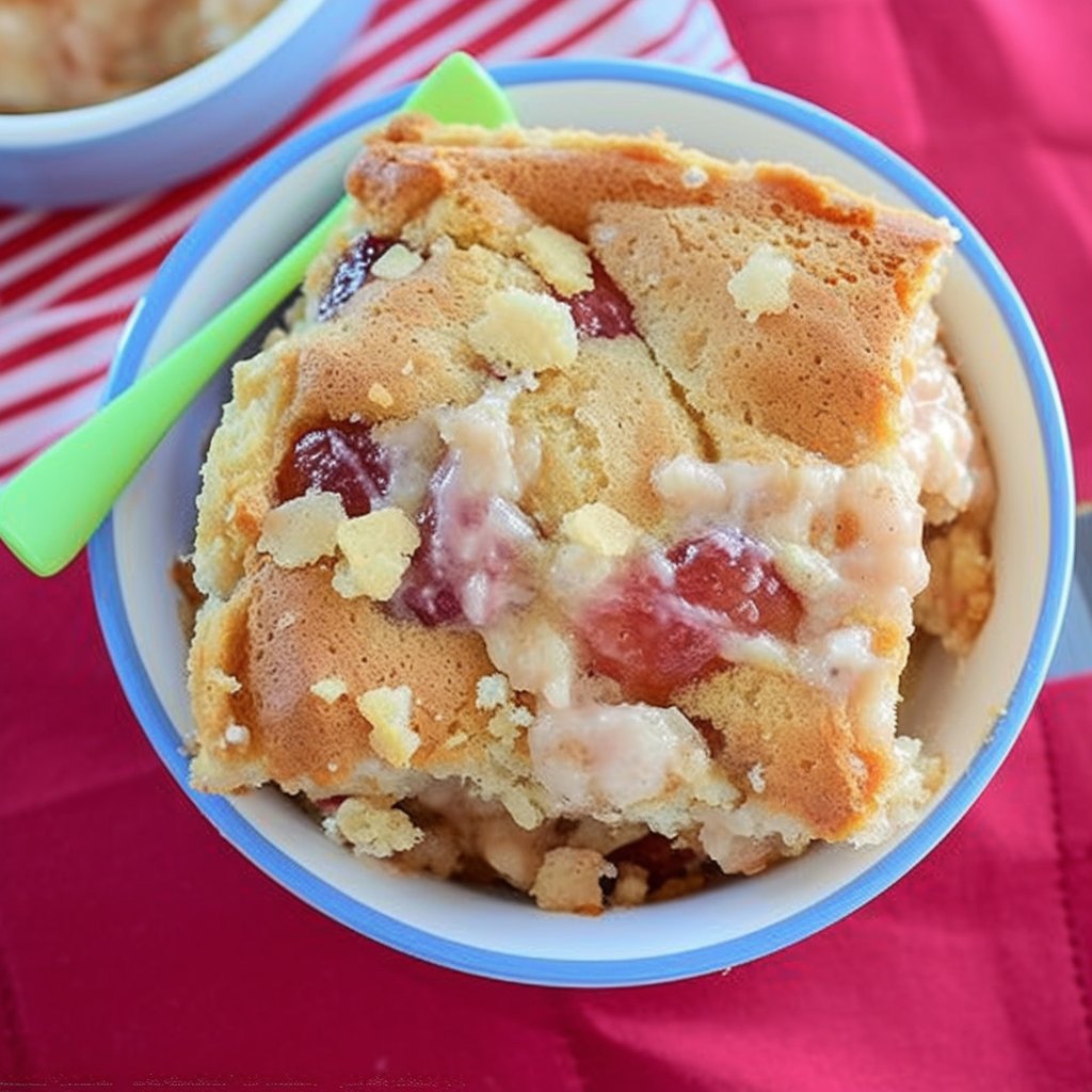 A delicious serving of Baked Sticky Rhubarb Pudding topped with cream.