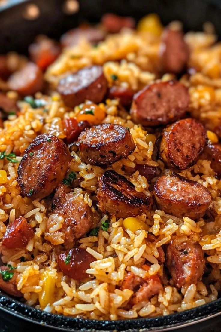 Cajun sausage and rice skillet dish served in a pan with vegetables