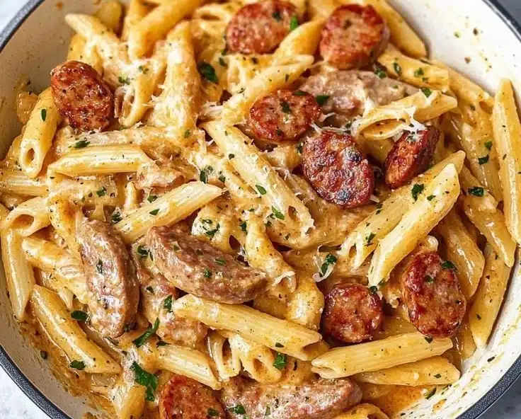 Delicious Cajun Sausage Pasta served in a bowl with herbs