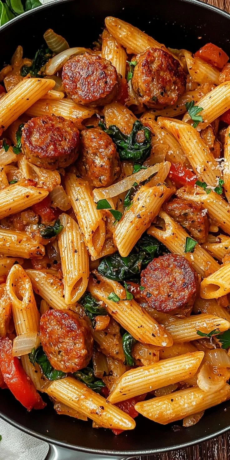 Delicious Cajun Sausage Pasta served in a bowl with spices and herbs.