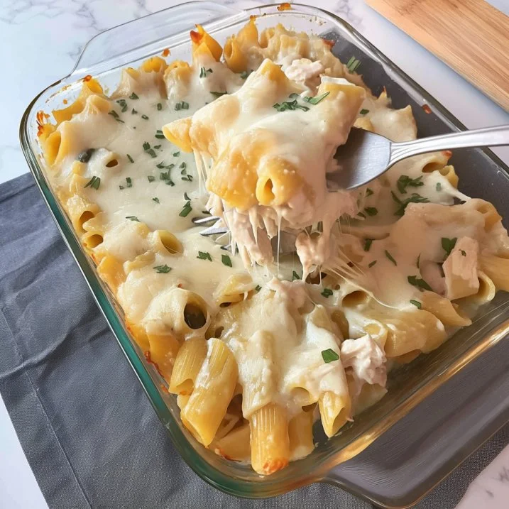 Creamy Cheesy Chicken Alfredo Pasta Bake topped with melted cheese in a baking dish