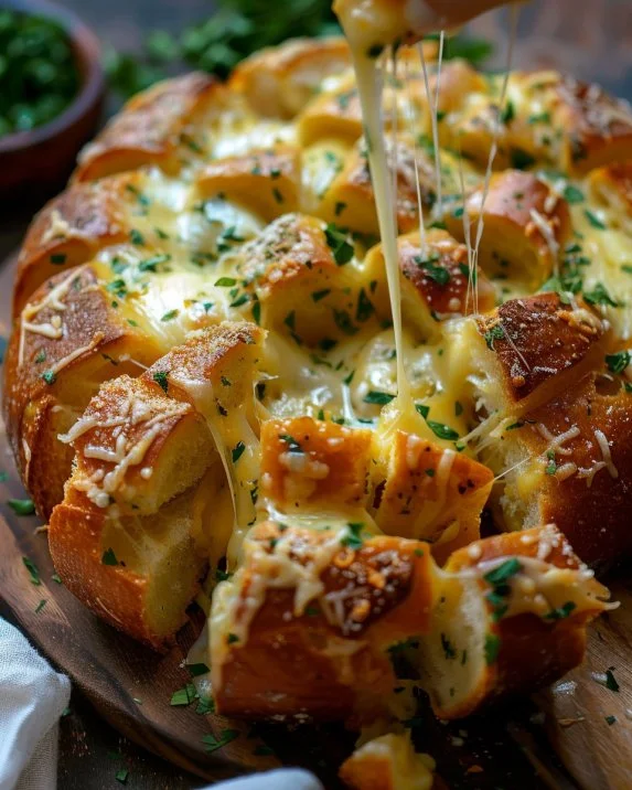 Cheesy garlic pull-apart bread pulled apart to reveal gooey cheese and crispy texture