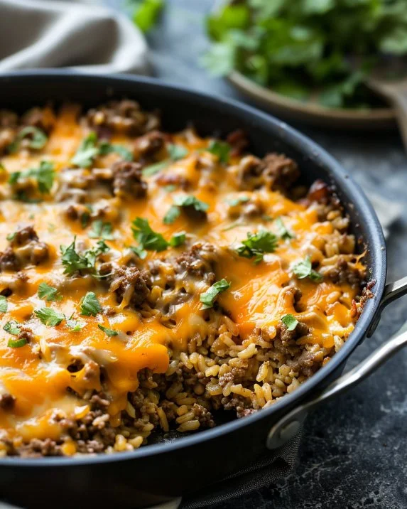 Cheesy Ground Beef and Rice Skillet dish served in a pan