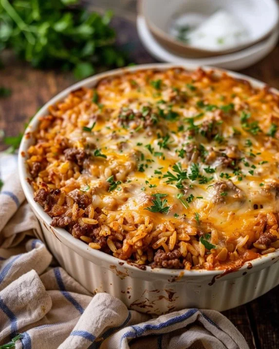 Cheesy ground beef rice casserole baked in a dish, topped with melted cheese