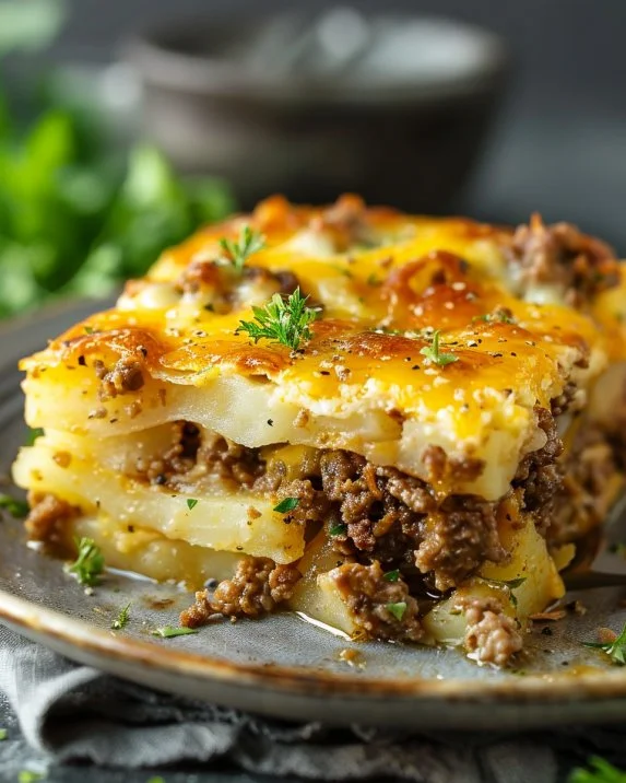 Delicious Cheesy Hamburger Potato Casserole served in a baking dish