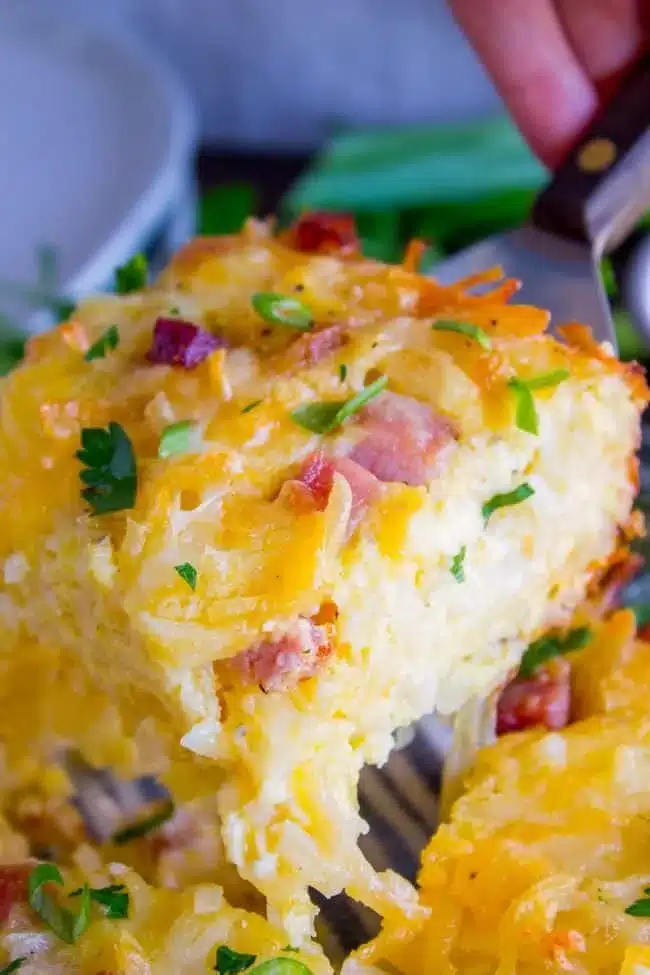 Cheesy hashbrown breakfast casserole with melted cheese and crispy edges