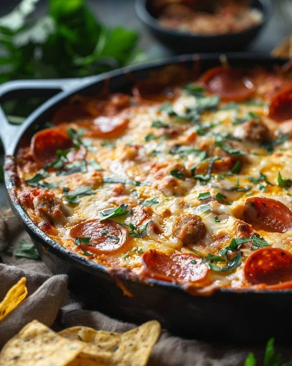 Cheesy Pepperoni and Sausage Pizza Dip served in a bowl with chips