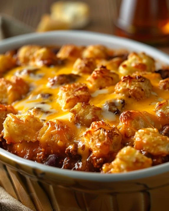 Delicious Chili Cheese Tater Tot Casserole served hot from the oven.
