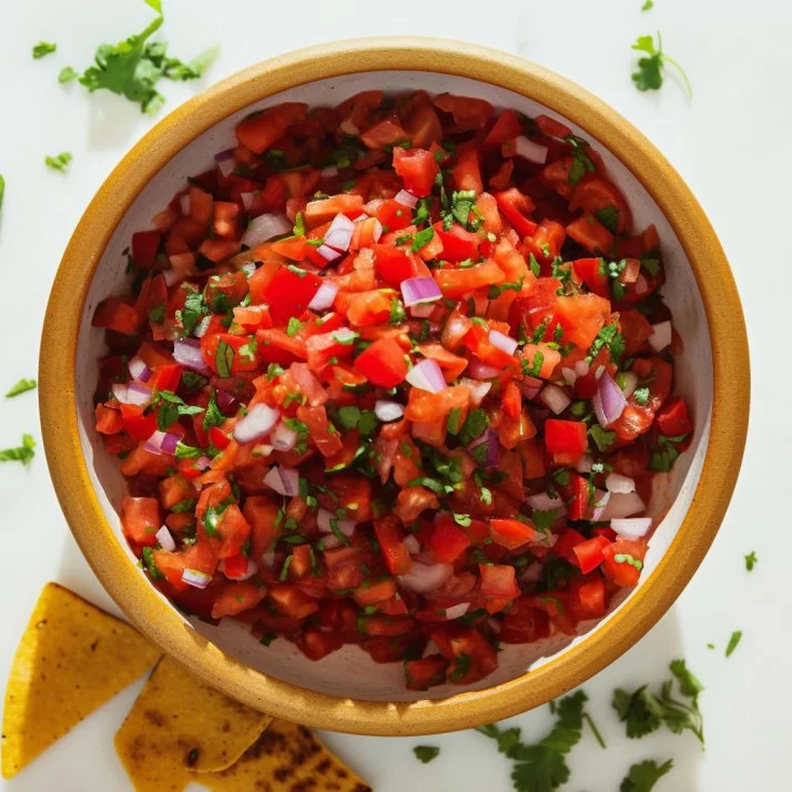 Bowl of refreshing Classic Pico de Gallo made with tomatoes, onions, and cilantro.