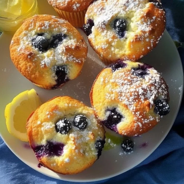 Freshly baked cottage cheese blueberry muffins on a wooden table