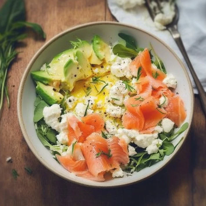 Cottage Cheese Salad with Smoked Salmon and Avocado served on a plate