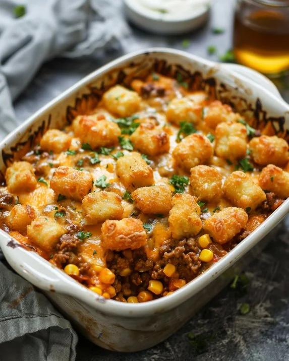 A hearty serving of Cowboy Casserole with ground beef, beans, and cheese