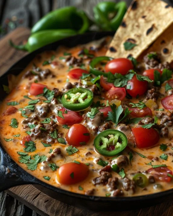 Delicious Cowboy Queso served in a bowl with tortilla chips