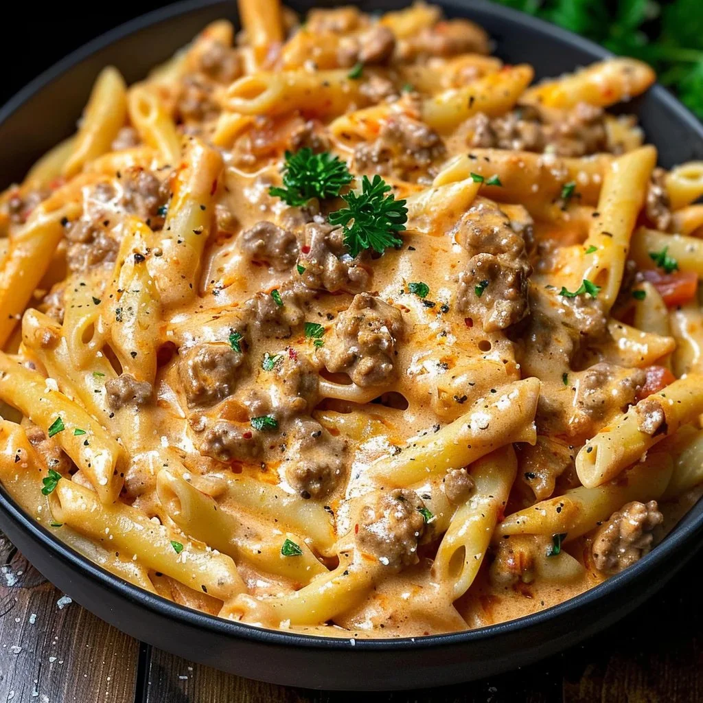 Plate of creamy beef pasta topped with herbs and cheese