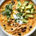 Bowl of creamy Chicken Enchilada Soup topped with cilantro and lime.