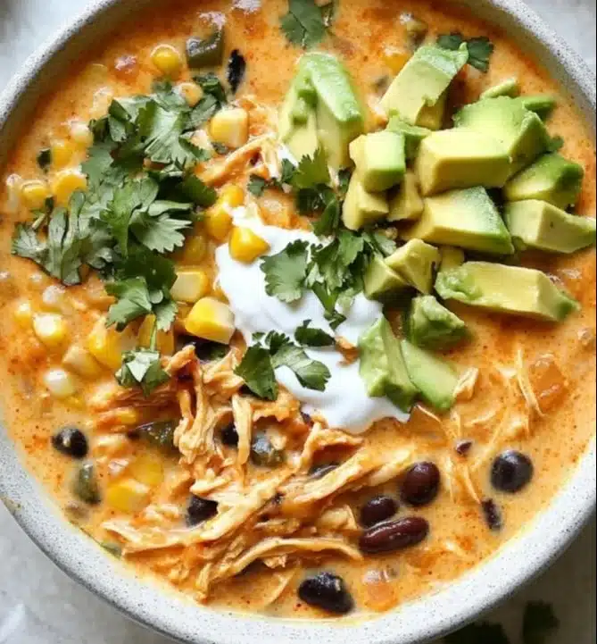 Bowl of creamy Chicken Enchilada Soup topped with cilantro and lime.