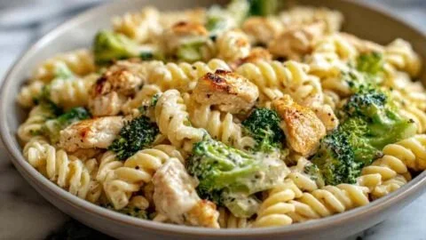 Creamy rotisserie chicken broccoli pasta served in a bowl