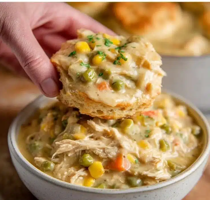 Delicious Crock Pot Chicken Pot Pie served in a rustic bowl