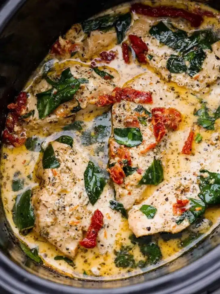 Crockpot Tuscan Chicken with Parmesan and Sun Dried Tomato Sauce in a bowl
