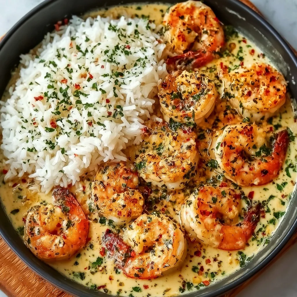 Delicious creamy garlic butter shrimp served in a skillet.