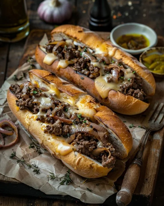 Easy Ground Beef Philly Cheesesteak Sandwich served with toppings